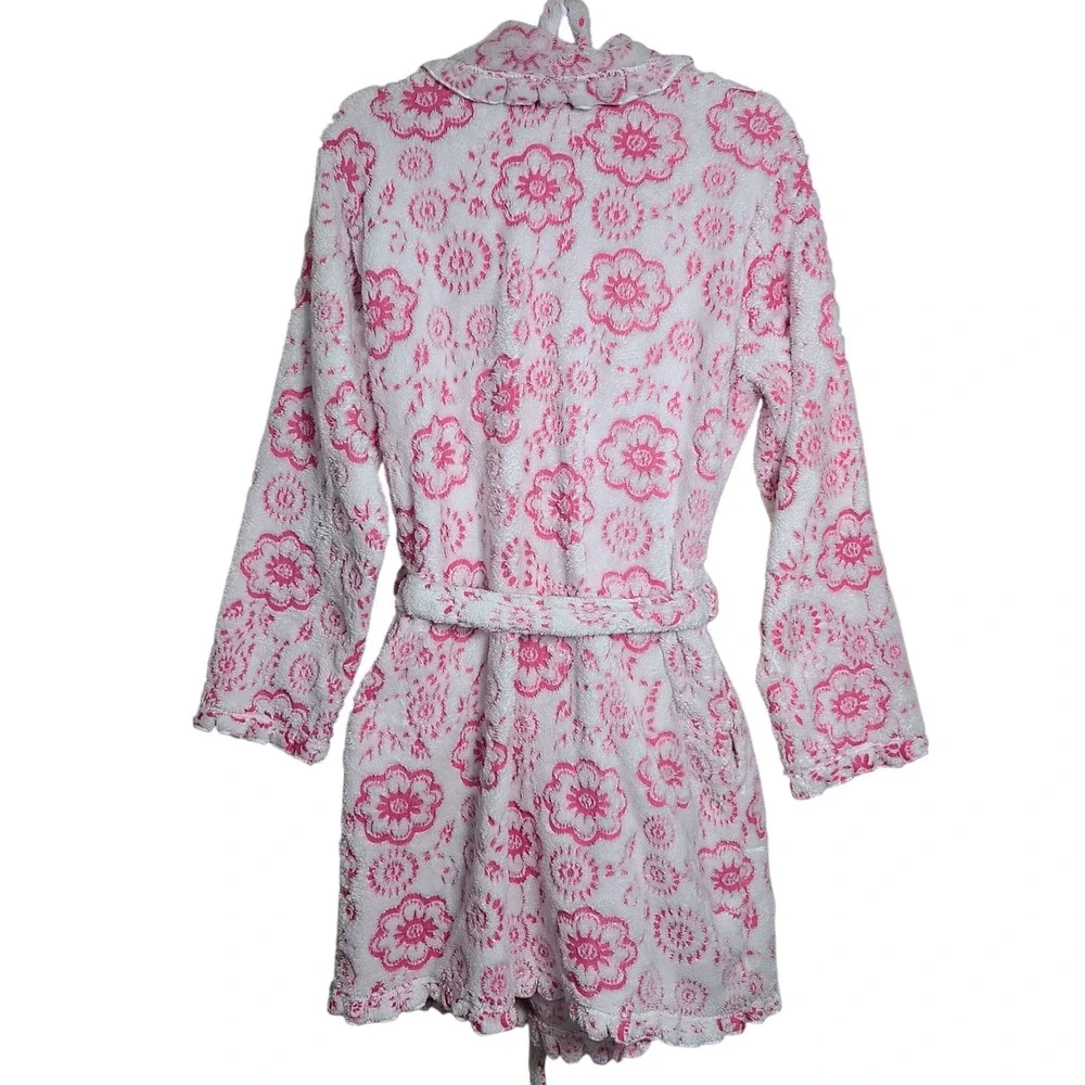 Pink Plush Floral Robe Ruffle‎ Trim L Loungewear Coquette Girly Barbiecore GRWM
